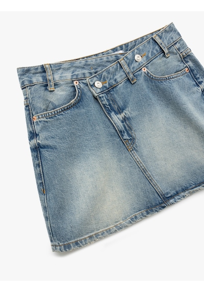 Koton Pamuklu Asimetrik Düğmeli Cepli Denim Mini Etek Orta İndigo 5sal70034md İndigo