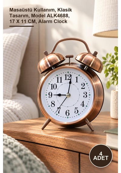 4 Adet Metal Çalar Saat Masaüstü Kullanım, Klasik Tasarım, Model Alk4688, 17 X 11 Cm, Alarm Clock