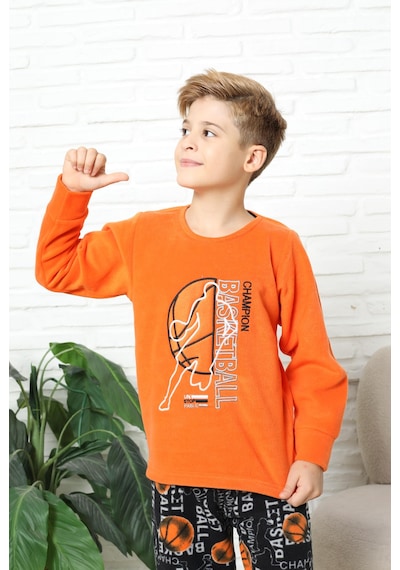 Yeni Stil Sonbahar/kış Erkek Çocuk Basketball Desenli Polar Pijama Takımı 4562 Turuncu