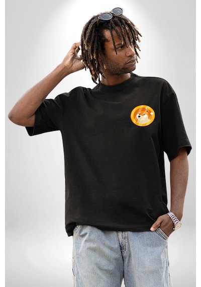 Doge Coin Siyah Oversize Unisex Ön Sol Yan Minimal Baskılı Tişört Koyu Siyah