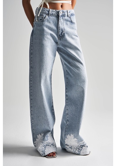 it's basic Kadın Snow Kot Rengi 4s5-3 Parlak Taşlı Dantelli Orta Bel %100 Koton Tasarım Denim Jean Kot Mavi