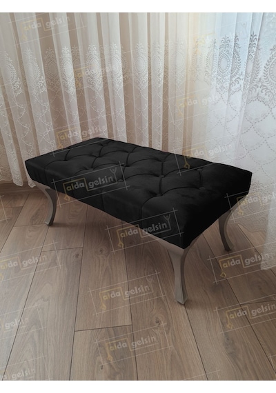 Kapitoneli Ayak Ucu Kapı Önü Antre Bench Puf Gümüş Ayak 100 45 Siyah