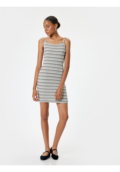Koton Mini Elbise İp Askılı Bisiklet Yaka Slim Fit Siyah Çizgili 4sal80284ık