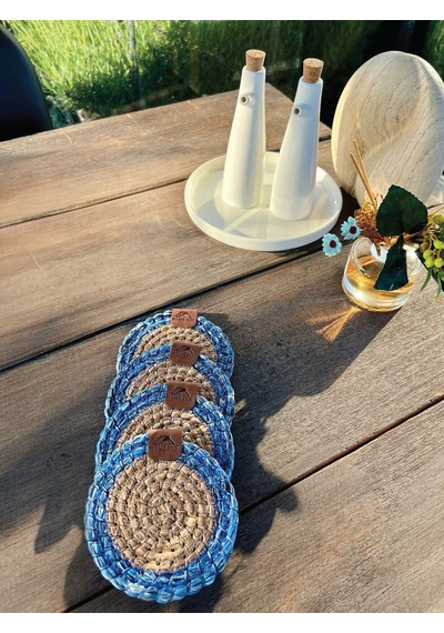4 Adet Yuvarlak Bardak Altlığı- Leke Tutmaz- Naturel-mavi13x13 Cm Naturel