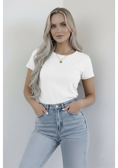 Hashtag Kadın Bisiklet Yaka Kısa Kollu Body Basic Tişört Viskon Kumaş Beyaz
