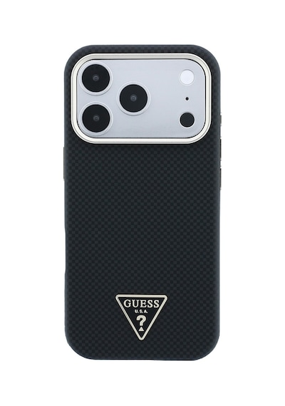 Apple iPhone Uyumlu 18 Pro Kılıf Guess Lisanslı M-safeli Pu Metal Üçgen Logolu Karbon Fiber Kevlar Kapak Siyah