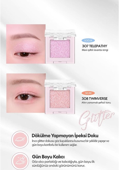 Kalıcı, Topaklanma Yapmayan, Simli Tekli Far Modern Shadow Glitter 308 Twinverse 308 Twinverse Diğer