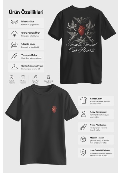Spoyi Angel Heart Tasarımlı %100 Pamuk Yarım Oversize Siyah T-mhirt