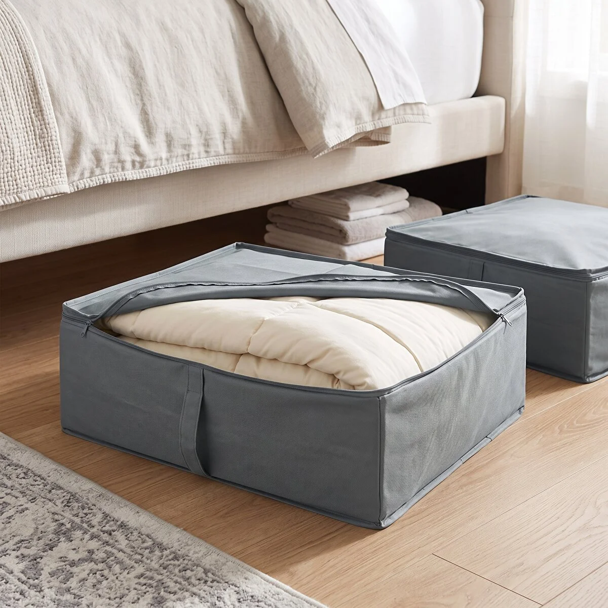 Gri Kumaş Saklama Hurcu 44x55x19 Cm Fermuarlı Dolap İçi Düzenleyici, Yorgan Battaniye Kıyafet Organizer
