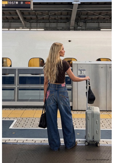 Kadın Koyu Mavi 2w6-1 Mega Barrel Fit Nakış Özel Tasarım Denim Jean