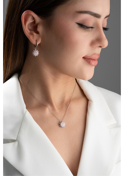 Çekirdekjewelry 925 Ayar Gümüş Lotus Kolye Küpe Seti Gri Pembe