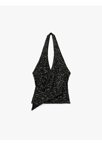Koton Payetli Halter Yaka Kolsuz Drapeli Kruvaze Abiye Bluz Siyah 7wak60005fk