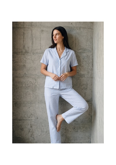 Fit Women V Yaka Düğmeli Casual Mavi Pijama Takımı