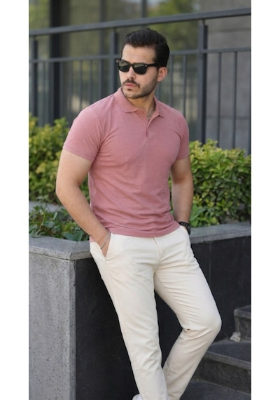 Efnaz Style Erkek Kısa Kollu Yakalı Tişört Gülkurusu