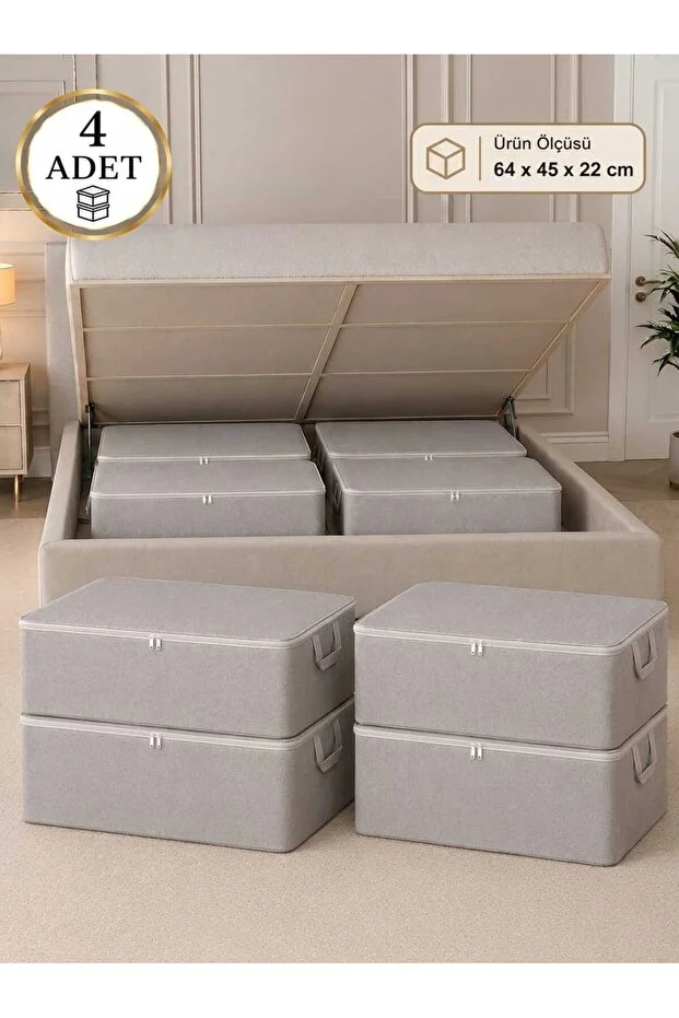 4 Adet Çekyat Baza Tipi Yastık Kıyafet Saklama Hurcu - Baza Altı Düzenleyici Hurç 64 X 45 X 22 Cm Açık Gri
