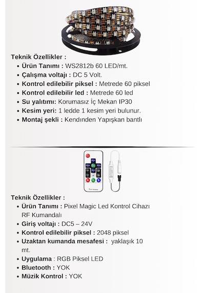 5mt. Ws2812b Kumandalı / Tak Çalıştır Adreslenebilir Şerit Led