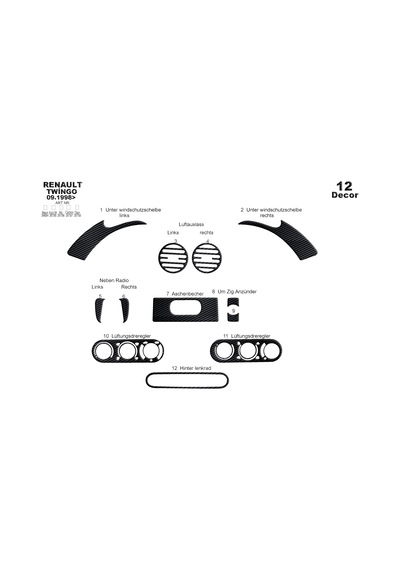 Renault Twingo Torpido Kaplama 1998-2004 12 Parça Siyah Karbon
