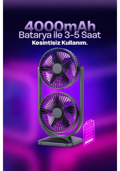 Taşınabilir Çift Başlıklı Sessiz Vantilatör Type-c Girişli, 3 Kademeli Mini Fan