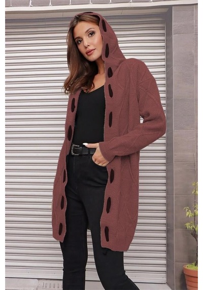 Aqe Fashion Kapüşonlu Kabartma Desenli Şerit Garnili Tarçın Hırka Tarçın