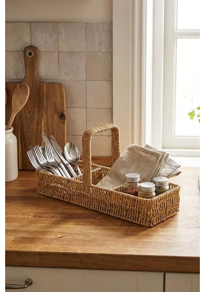 Buffer 3 Bölmeli Hasır Sepet Organizer Saplı, Mutfak Banyo Ofis Çok Amaçlı Düzenleyici, Plastik Rattan Kaşıklı Diğer