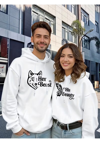 Nevermind Sevgili Çift Kombin Hoodie Set His Beauty Her Beast Baskılı Unise Beyaz
