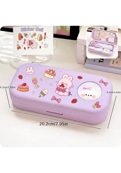 Sevimli Kawaii Figürlü Kalem Kutusu Çok Bölmeli Çift Katlı Büyük Kapasiteli Kalem Kutusu Sticker'lı Kalem Kutusu Sticker Yapıştırılabilir Kalemlik Sticker Kalemlik Mor