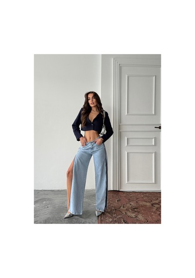 Blue Marlın Yan Fermuarlı Uzun Boyfriend Bol Paça Jeans Buz Kar