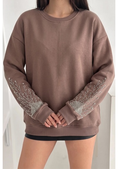 Femelle Kahverengi Kolları Boncuk Ve Taş İşlemeli %100 Pamuk Sweatshirt