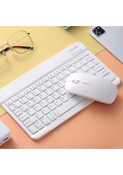 Şık Tasarımlı Bluetooth Kablosuz Klavye Ve Mouse Seti Android, İos Ve Windows Uyumlu Şarj Edilebilir, Taşınabilir Ve Sessiz Tuşlu Set Beyaz Diğer
