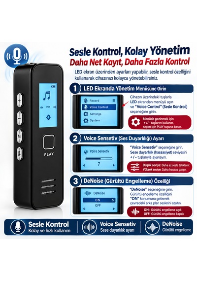 64 Gb Ses Kayıt Cihazı Sese Duyar Sensörlü Led Ekranlı,mp3