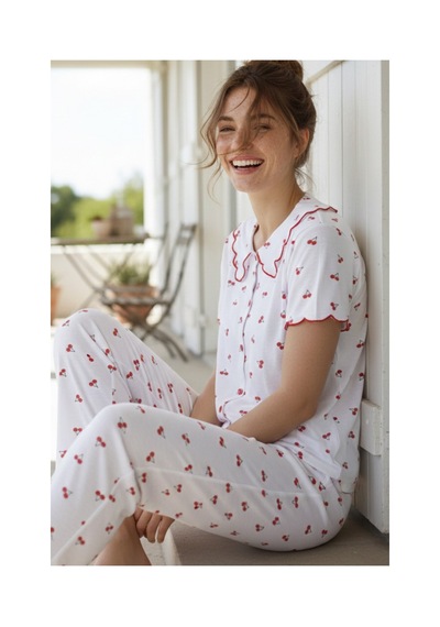 Siyah İnci Yakalı Düğmeli Fitilli Kaşkorse Örme Pijama Takım 26120503 Beyaz