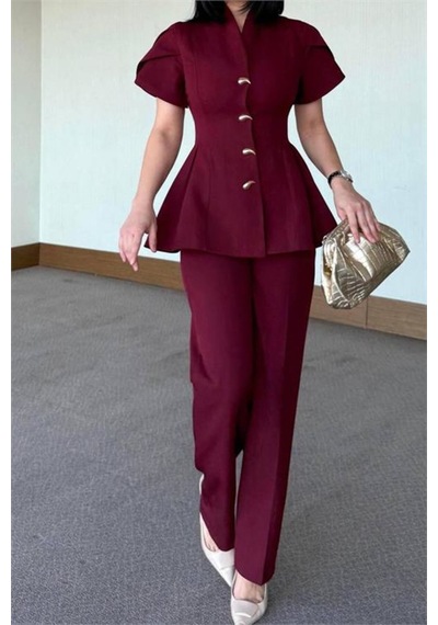 Neşeli Butik Kadın Bordo Gold Düğme Detaylı Peplum Kesim Premium Takım Nbstr4423