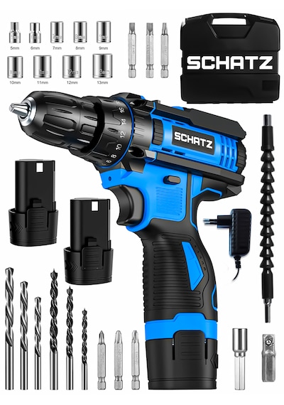 Schatz 12v Çift Akülü Çelik Şanzıman Bakır Sargılı Şarjlı Vidalama Matkap Mavi + 24 Parça Set