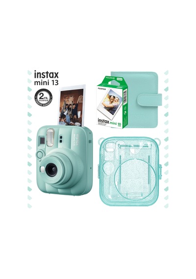 Instax Mini 13 Yeşil Fotoğraf Makinesi + Deri Albüm + Pleksi Kılıf + 10'lu Film Hediye Seti