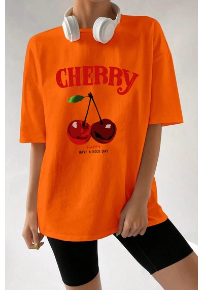 Uyguntarz Unisex Happy Cherry Tasarım Basklı Tshirt Turuncu