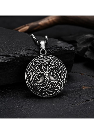 Çift Taraflı Kullanım Nordic Yggdrasil Yaşam Ağaç Viking Pusula Kolye Antik Gümüş