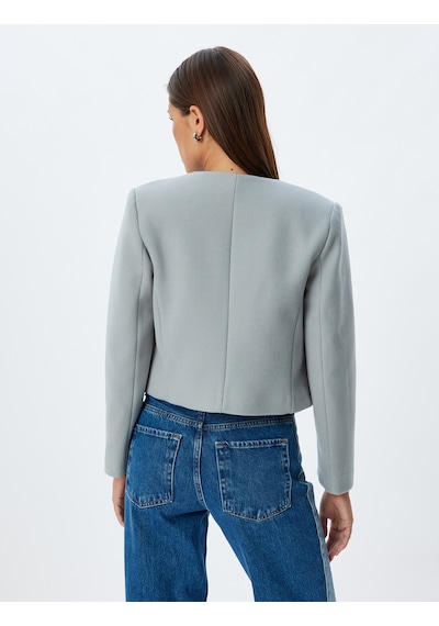 Koton Crop Ceket Yakasız Düğmeli Slim Fit Uzun Kollu Mavi 5wak20261ew Mavi