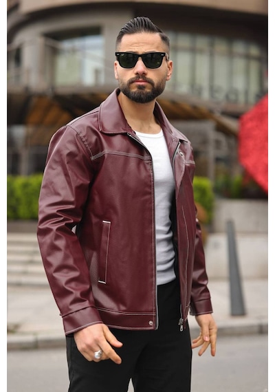 Erkek Dikiş Detaylı Retro Deri Ceket Bordo Byzdkş