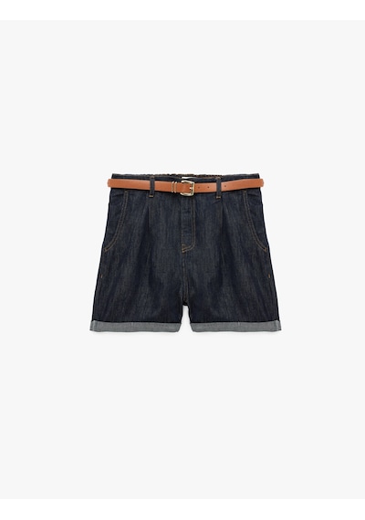 Koton Rahat Kalıp Duble Paça Cepli Kemerli Mini Jean Şort Raw 6sal40304md 63x