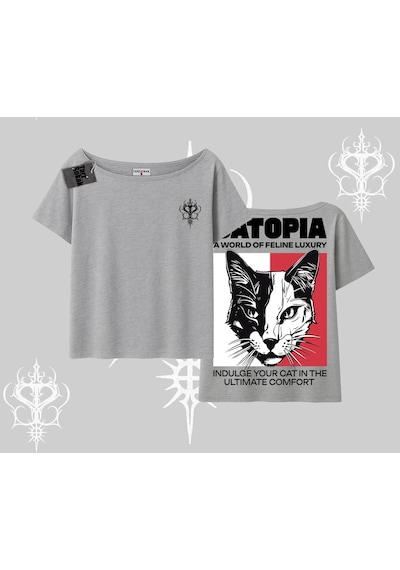 Tarzsokak Modern Kedi Temalı Arka Baskılı Kayık Yaka Tshirt Gri