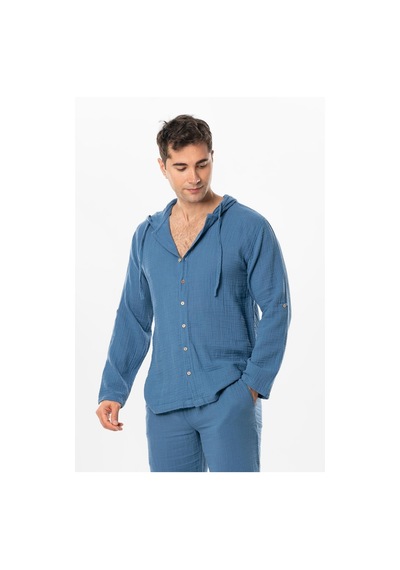 Uzun Kol Erkek Kapüşonlu Yazlık Müslin Sweatshirt İndigo İndg-indigo İndigo