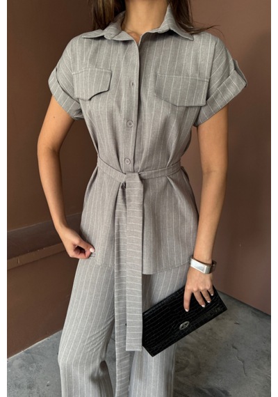 Butik İstanbul Çizgili Polyviskon Bluz - Pantolon Takım - Gri