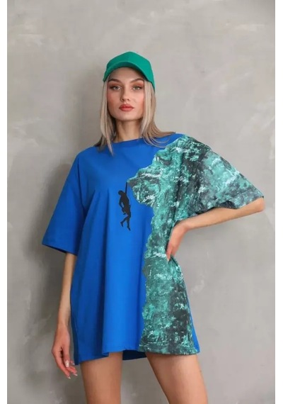 Unisex Bisiklet Yaka Baskılı Oversize T-shirt - Mavi Mavi