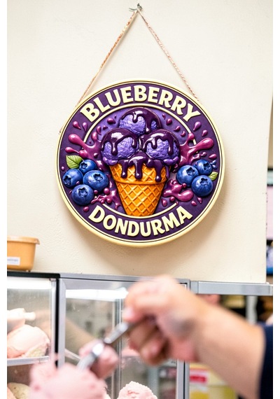 Blueberry Dondurma Görselli Ahşap İpli Kapı Duvar Süsü Renkli Cafe Duvar Panosu