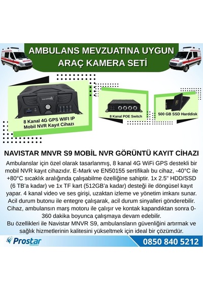 Ambulans Yönetmeliğine Uygun 2 Kameralı 8 Kanal Mobil Nvr 500 Gb Tak Kullan Set