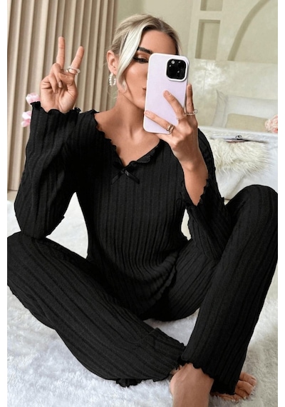 Bella Notte Mevsimlik Siyah Pamuklu Fiyonk Detaylı Pijama Takımı