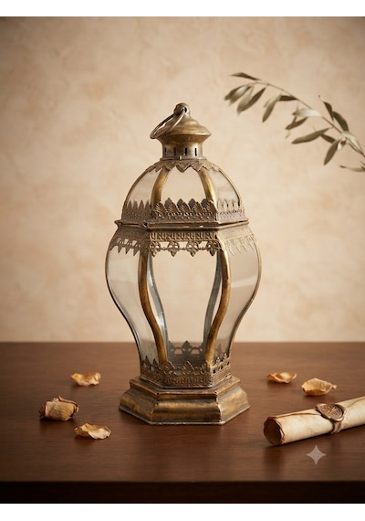 Panalı Metal Dekoratif Fener 40 X 19 Cm Gold