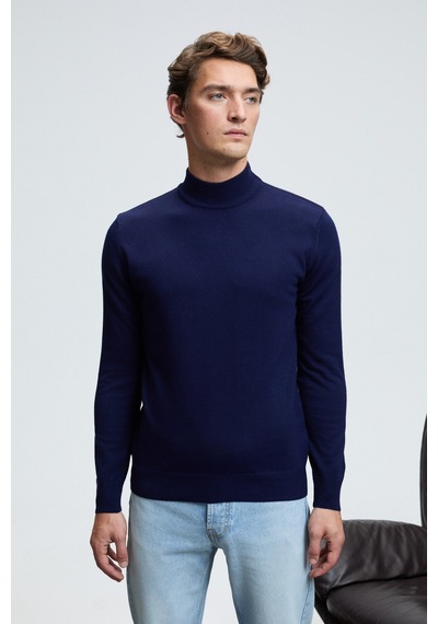 Grimelange REBEL Erkek Yarım Balıkçı Yaka Basic Slim Fit Triko Lacivert Kazak