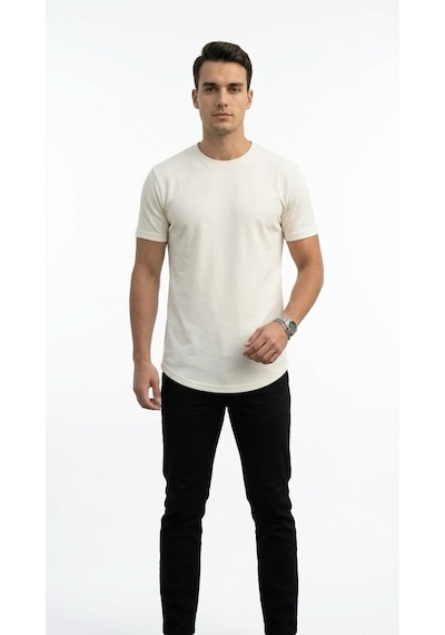 Plus Scorpion Erkek Slim Fit Basic Tişört Esnek, Terletmeyen Pike Dokulu Kumaş Ekru