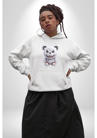 Freddy Korkunç Ayı Kadın Erkek Beyaz Kapüşonlu Sweatshirt Hoodie Beyaz